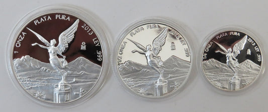 2013 Meksyk Zestaw 3 srebrnych monet 3Libertad (1+0,5+0,25 oz), drewniane pudełko, Ag999