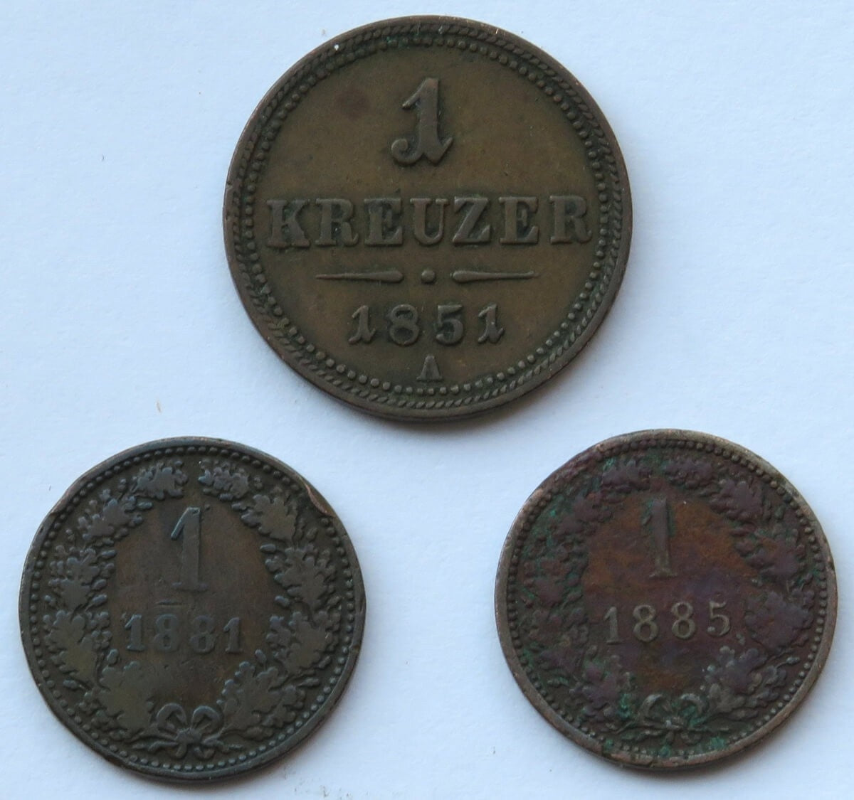Austria, 1 krajcar 1851 A + 2 x 1 krajcar Austro-węgry, 1881 i 1885 r.