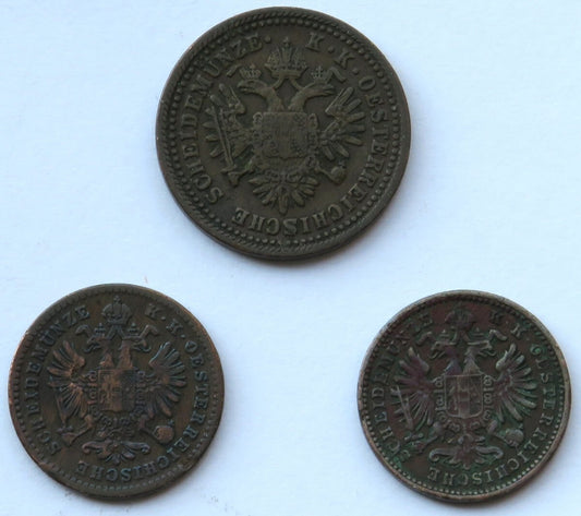 Austria, 1 krajcar 1851 A + 2 x 1 krajcar Austro-węgry, 1881 i 1885 r.