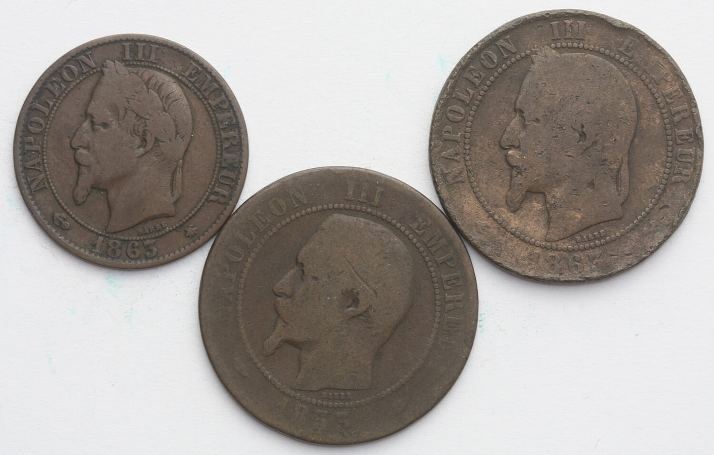 Lot 3 szt. Francja, 5 centymów + 2 x 10 centymów 1857/63, st. 4