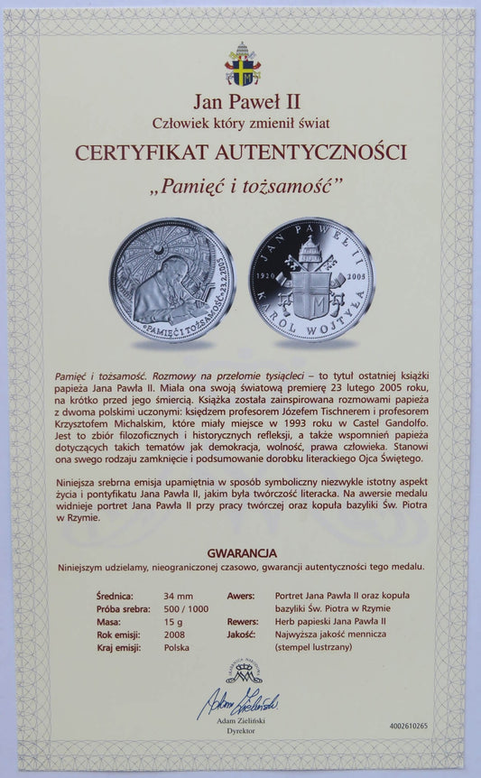 Polska, medal Pamięć i tożsamość, certyfikat