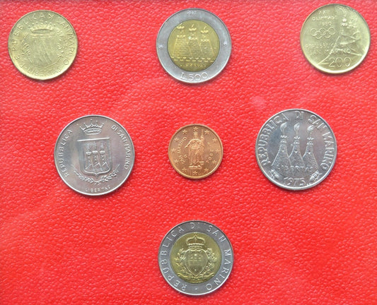 San Marino, 7 monet oprawionych w ramkę, 1975-2005 r.