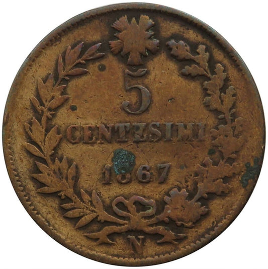 Włochy, 5 centesimi, Wiktor Emanuel II, 1867 N, stan 4