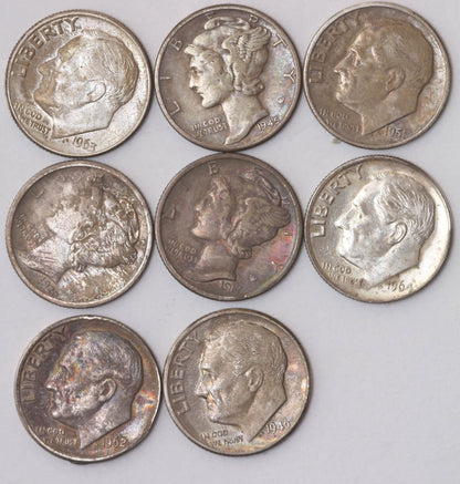 8 x one dime (10 centów), srebro Ag900, różne roczniki 1917-1963