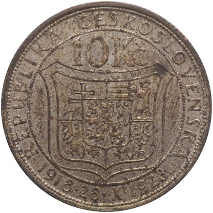 Czechosłowacja 10 koron, 1928 10-lecie niepodległości, srebro
