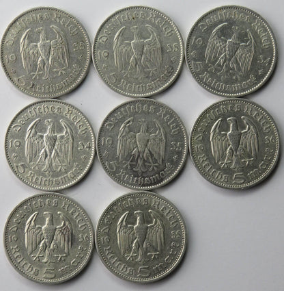 Lot: 8 x 5 marek, Hindenburg + Wieża / Kościół, st. 3/3+