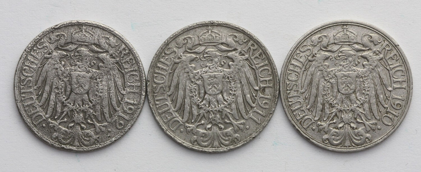 Lot: Niemcy, 3 x 25 fenigów (pfennig), 1910, 1911, 1912