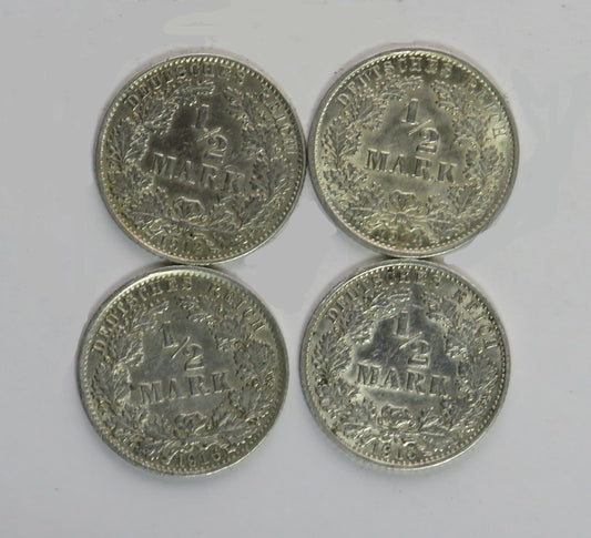 Niemcy, 4 x 1/2 marki, różne roczniki: 1912 (J), 1914 (A), 1915 (G), 1916 (A), ładne