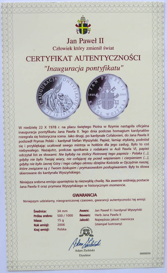 Polska, medal Inauguracja pontyfikatu, certyfikat