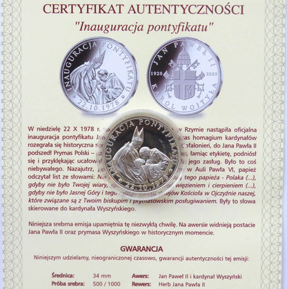Polska, medal Inauguracja pontyfikatu, certyfikat