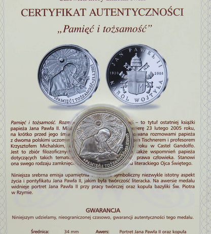 Polska, medal Pamięć i tożsamość, certyfikat