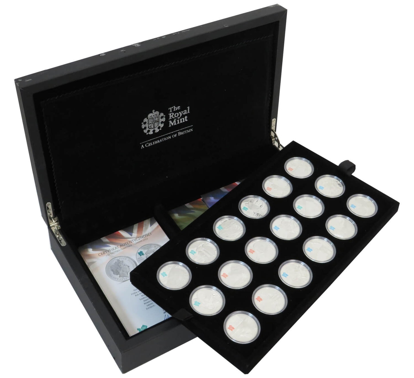 Royal Mint Celebration of Britain 18 szt. x 5 funtów, Srebro Ag925, 28,28g